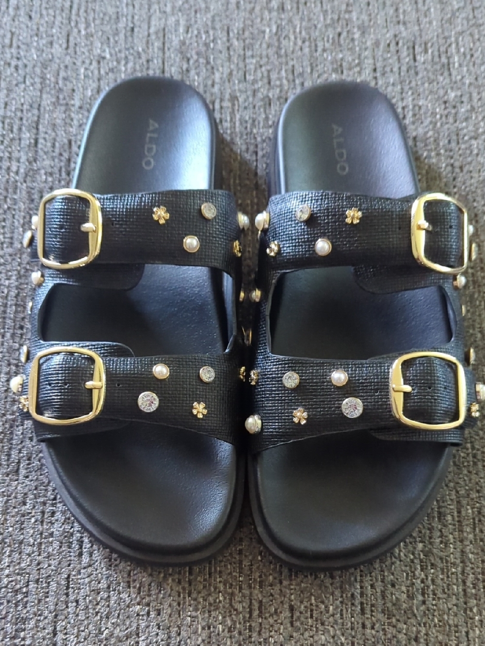 Aldo Black Double Buckle Studded Slide Sandals with Gold Accents